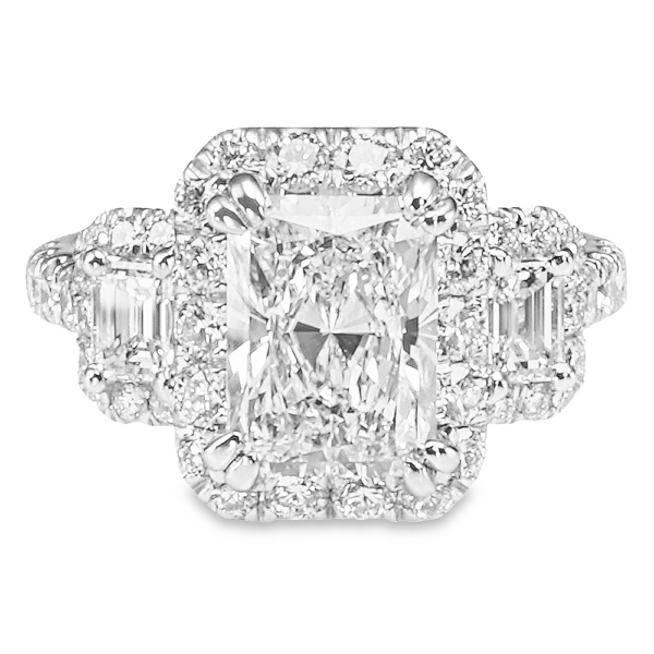 14K Gold Three-Stone Halo Emerald-Cut Side Stone Radiant Diamond Engagement Ring - Dallas TX