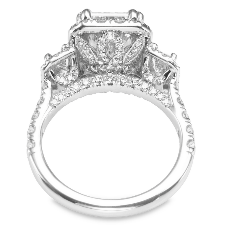 14K Gold Three-Stone Halo Emerald-Cut Side Stone Radiant Diamond Engagement Ring - Dallas TX