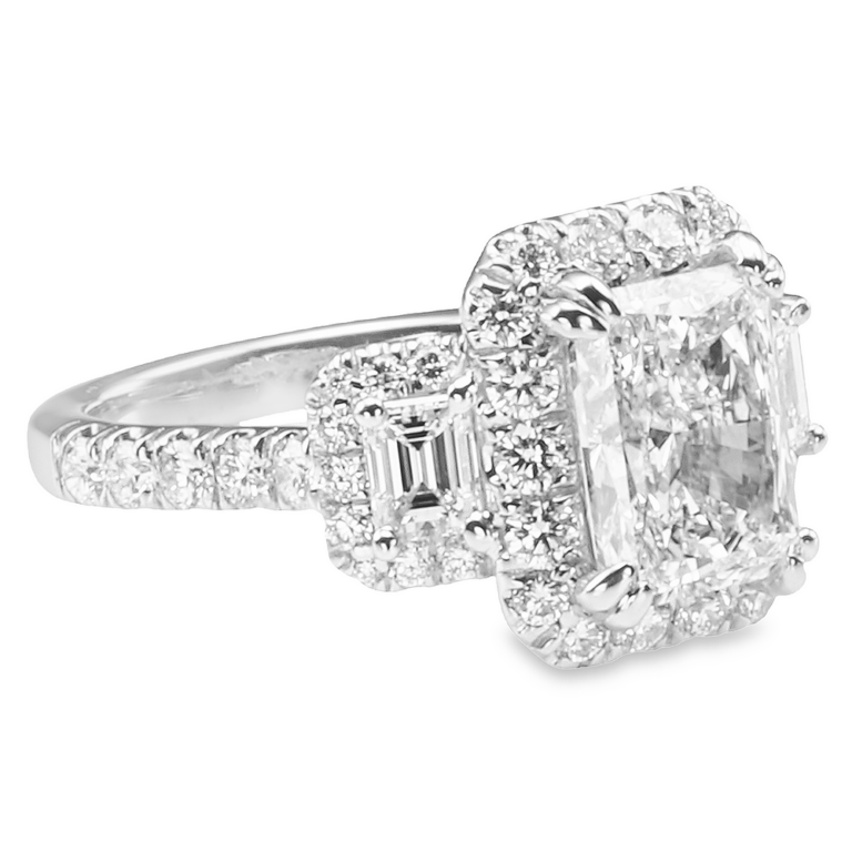 14K Gold Three-Stone Halo Emerald-Cut Side Stone Radiant Diamond Engagement Ring - Dallas TX