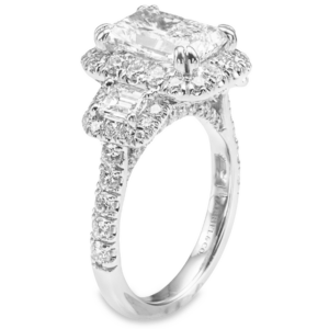 14K Gold Three-Stone Halo Emerald-Cut Side Stone Radiant Diamond Engagement Ring - Dallas TX