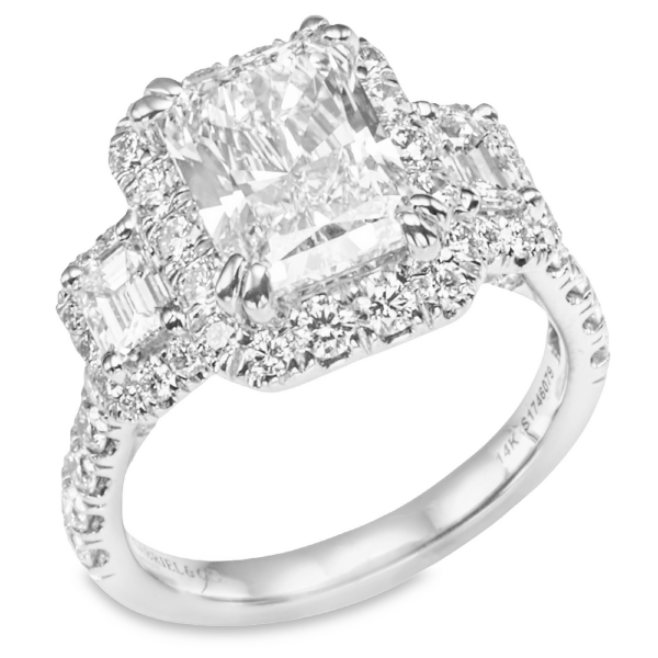 14K Gold Three-Stone Halo Emerald-Cut Side Stone Radiant Diamond Engagement Ring - Dallas TX
