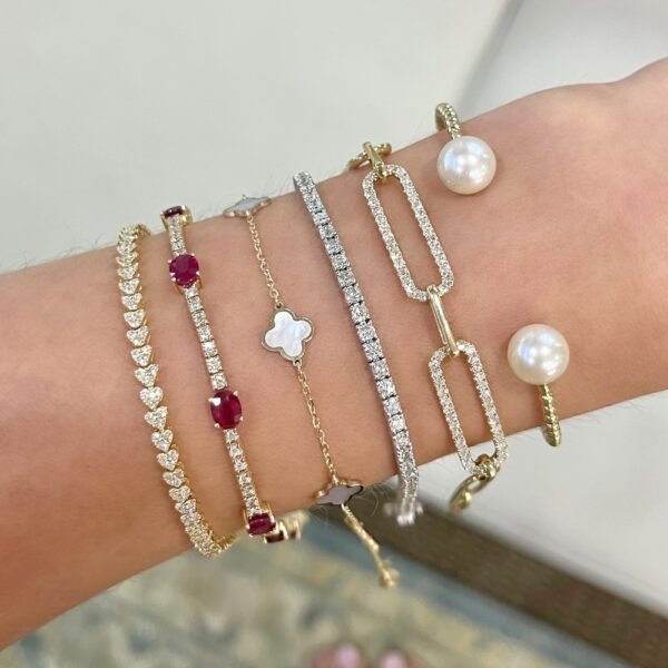 Flexible Open Cuff Pearl Bangle & Mixed Diamond Bracelet Stack | Dallas TX