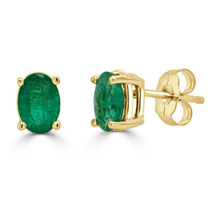 14K Yellow Gold Oval-Cut Green Emerald Classic Stud Earrings - Dallas TX