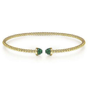 14K Yellow Gold Pave Green Emerald Flexible Beaded Bangle - Mariloff Diamonds