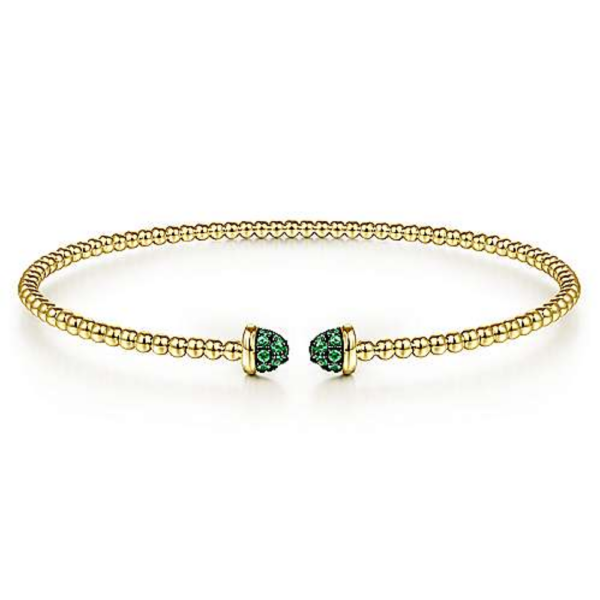 14K Yellow Gold Pave Green Emerald Flexible Beaded Bangle - Mariloff Diamonds