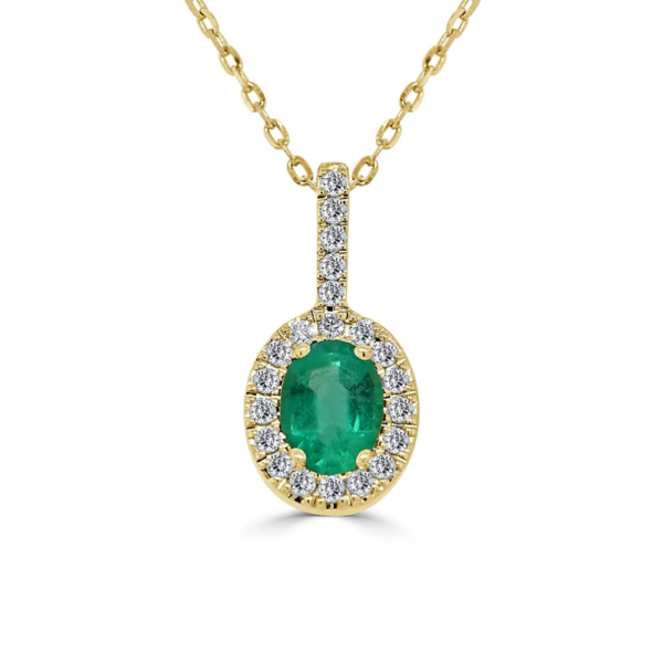 14K Yellow Gold Green Emerald and Diamond Halo Necklace - Dallas TX