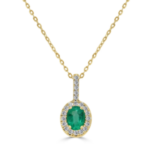 14K Yellow Gold Green Emerald and Diamond Halo Necklace - Mariloff Diamonds