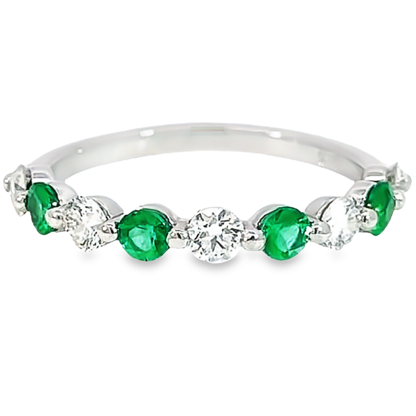 14K White Gold Shared-Prong Green Emerald and Diamond Stackable Ring - Dallas TX - Mariloff