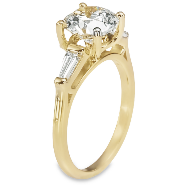 14K Yellow Gold Three-Stone Tapered Baguette Cathedral Round Brilliant Diamond Engagement Ring - Dallas TX