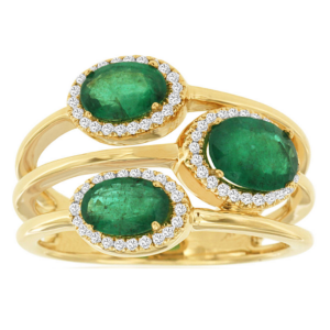 14K Yellow Gold Oval Green Emerald and Diamond Three-Row Ring - Dallas TX
