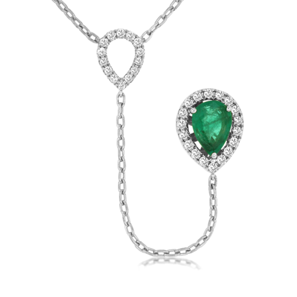 14K White Gold Pear-Cut Green Emerald and Diamond Y Necklace - Dallas TX - Mariloff Diamonds