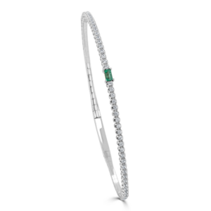 14K Gold Baguette Green Emerald and Diamond Flexible Bangle