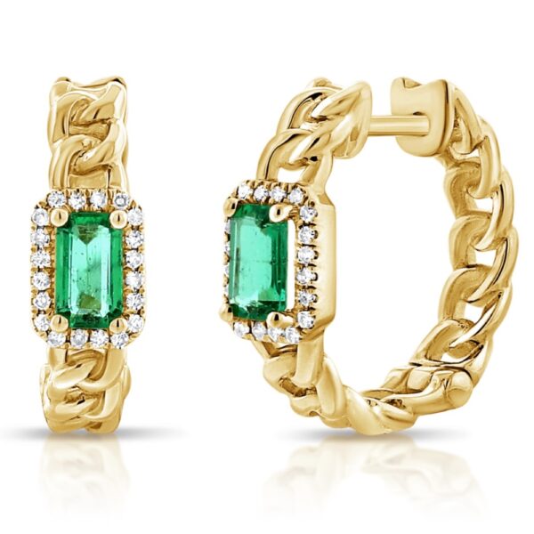 14K Gold Emerald & Halo Diamond Chain-Link Huggies | Dallas TX | Mariloff Diamonds & Fine Jewelry