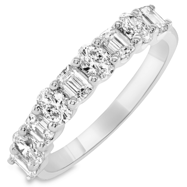 14K White Gold Alternating Oval and Emerald Cut Diamond Wedding Band - Dallas TX | Mariloff Diamonds