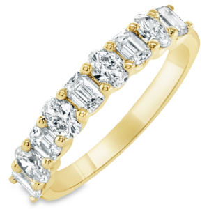 14K Yellow Gold Alternating Oval and Emerald Cut Diamond Wedding Band - Dallas TX | Mariloff Diamonds