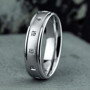 14K White Gold 6MM Square Bezel Satin Diamond Men's Wedding Band