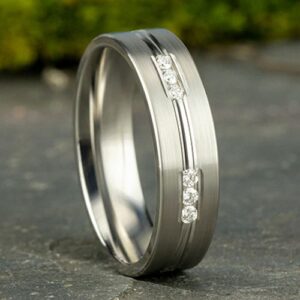 14K White Gold 6MM Satin Grooved Diamond Men's Wedding Ring - Dallas TX