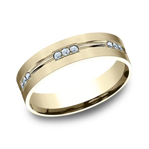 14K Yellow Gold 6MM Satin Grooved Diamond Men's Wedding Ring - Dallas TX