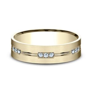 14K Yellow Gold 6MM Satin Grooved Diamond Men's Wedding Band - Mariloff - Dallas TX