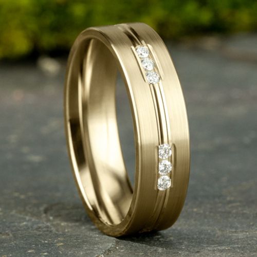 14K Yellow Gold 6MM Satin Grooved Diamond Men's Wedding Band - Mariloff Diamonds