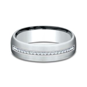14K White Gold 6.5MM Satin Subtle Diamond Men's Wedding Ring - Dallas TX - Mariloff Diamonds