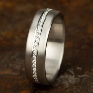 14K White Gold 6.5MM Satin Subtle Diamond Men's Wedding Band - Dallas TX - Mariloff Diamonds