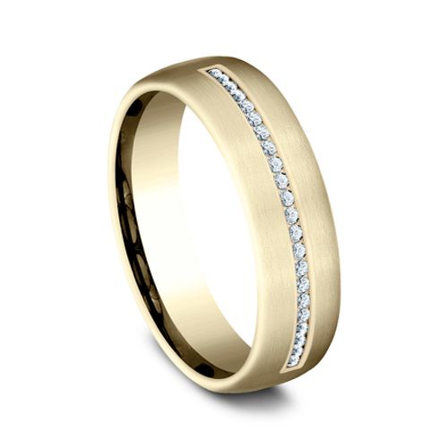 14K Yellow Gold 6.5MM Satin Subtle Diamond Men's Wedding Ring - Dallas TX - Mariloff Diamonds