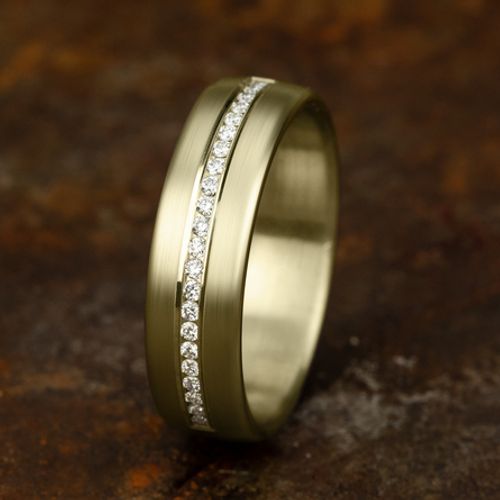 14K Yellow Gold 6.5MM Satin Subtle Diamond Men's Wedding Ring - Dallas TX