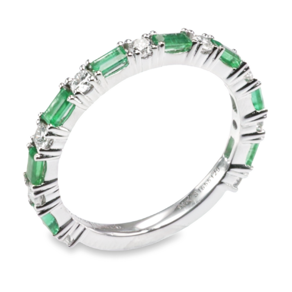 14K White Gold Alternating Green Emerald and Diamond Wedding Band - Dallas TX