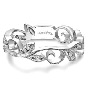 14K White Gold Scrolling Floral Diamond Accented Stackable Band - Dallas TX