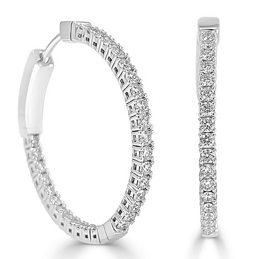14K White Gold Classic 1 1/4 Inch Flexible Diamond Hoop Earrings - Dallas TX
