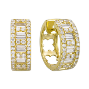 18K Yellow Gold Wide Baguette and Round Diamond Huggie Earrings - Dallas TX