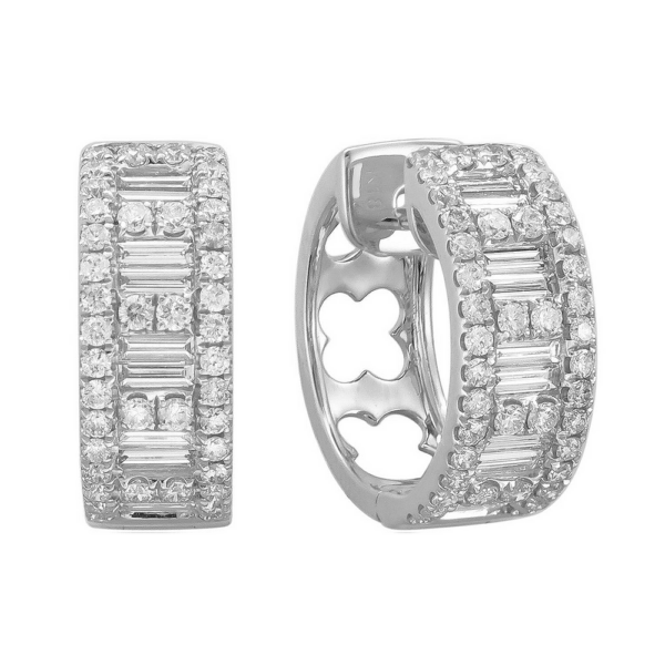 18K White Gold Wide Baguette and Round Diamond Huggie Earrings - Dallas TX