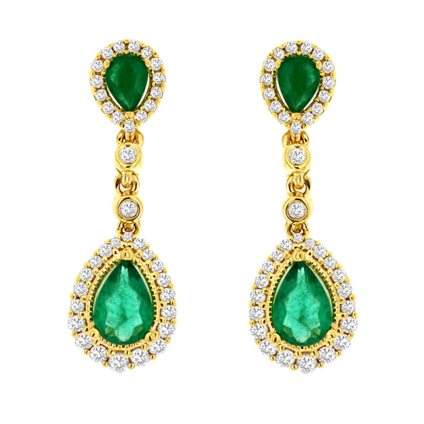14K Yellow Gold Pear-Cut Green Emerald Halo Diamond Fashion Earrings - Dallas TX