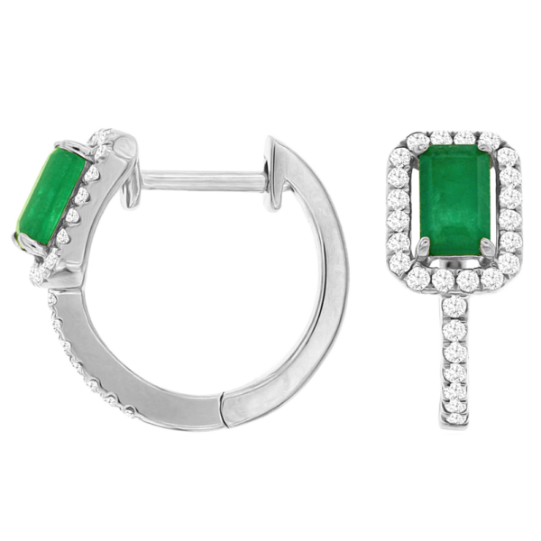 14K Gold Halo Diamond and Green Emerald Huggie Earrings - Dallas TX