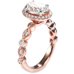 18K Rose Gold Oval Halo Diamond Milgrain Scalloped Vintage Engagement Ring - Dallas TX - Mariloff Diamonds