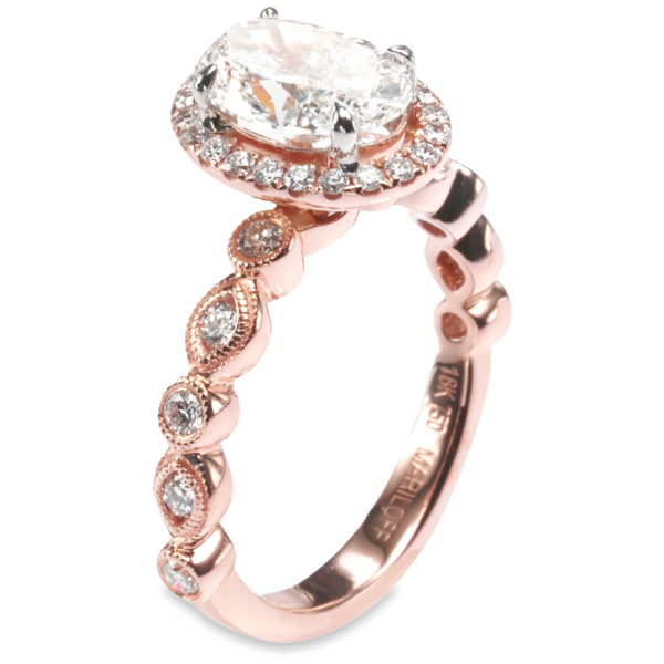18K Rose Gold Oval Halo Diamond Milgrain Scalloped Vintage Engagement Ring - Mariloff Diamonds