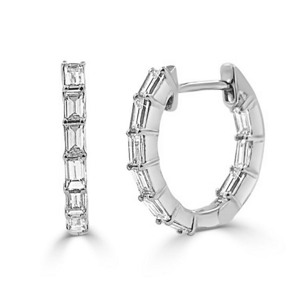 14K White Gold Baguette In-and-Out Diamond Huggie Earrings - Dallas TX