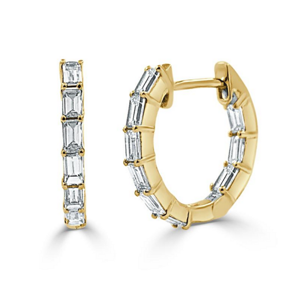 14K Yellow Gold Baguette In-and-Out Diamond Huggie Earrings - Dallas TX