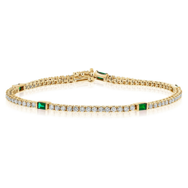 14K Yellow Gold Baguette Green Emerald Diamond Station Tennis Bracelet - Dallas TX