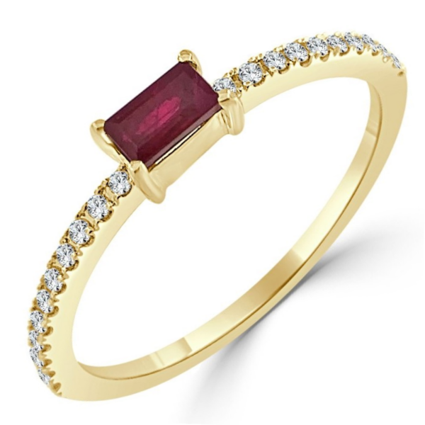 14K Yellow Gold Baguette-Cut Ruby Diamond Accented Stackable Ring - Dallas TX