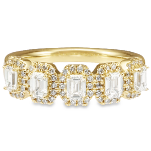 14K Gold Five-Stone Emerald-Cut Halo Diamond Ring - Dallas TX