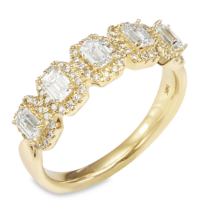 14K Yellow Gold Five-Stone Emerald-Cut Halo Diamond Ring - Dallas TX