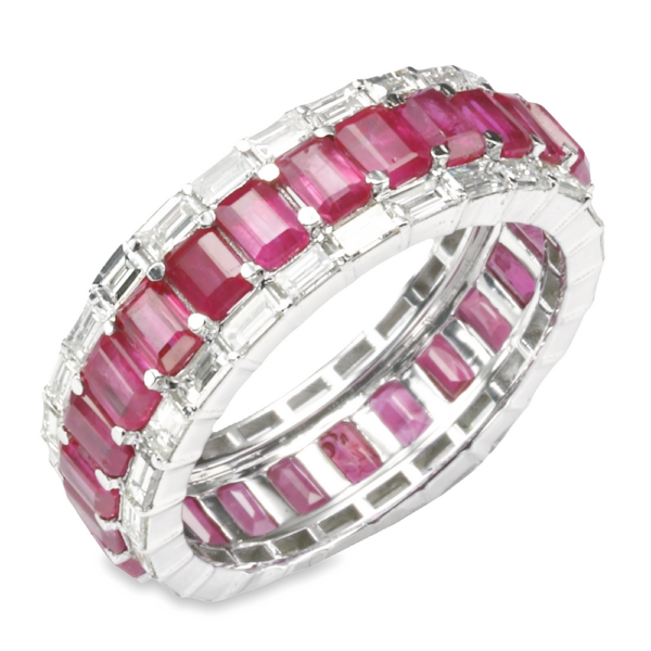 14K White Gold Emerald-Cut Ruby and Baguette Diamond Eternity Ring - Dallas TX