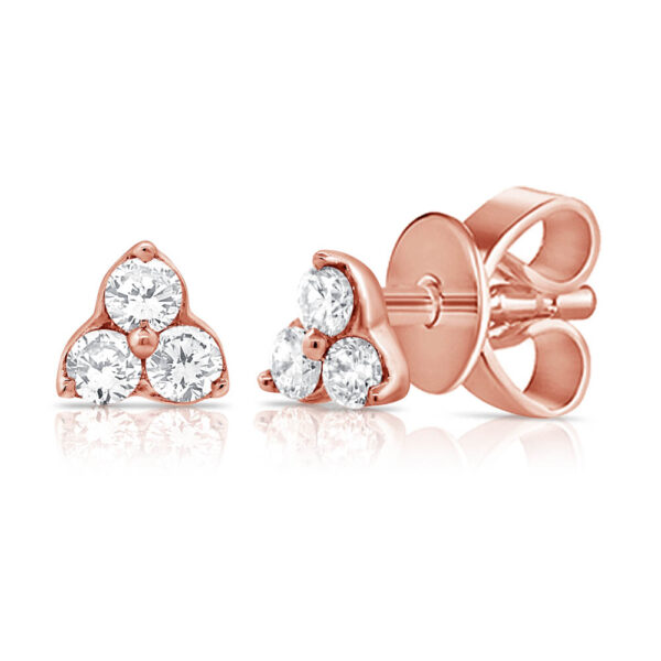 14K Rose Gold Dainty Three-Stone Diamond Studs - Rose