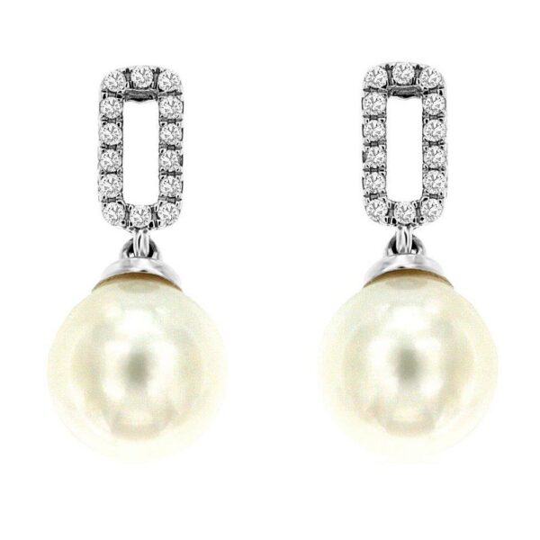 14K White Gold Pearl and Open Link Diamond Drop Earrings - Dallas TX