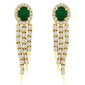 14K Yellow Gold Dangling Green Emerald and Diamond Earrings - Dallas TX