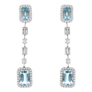 14K Gold Emerald-Cut Aquamarine Halo Diamond Fashion Earrings | Dallas TX