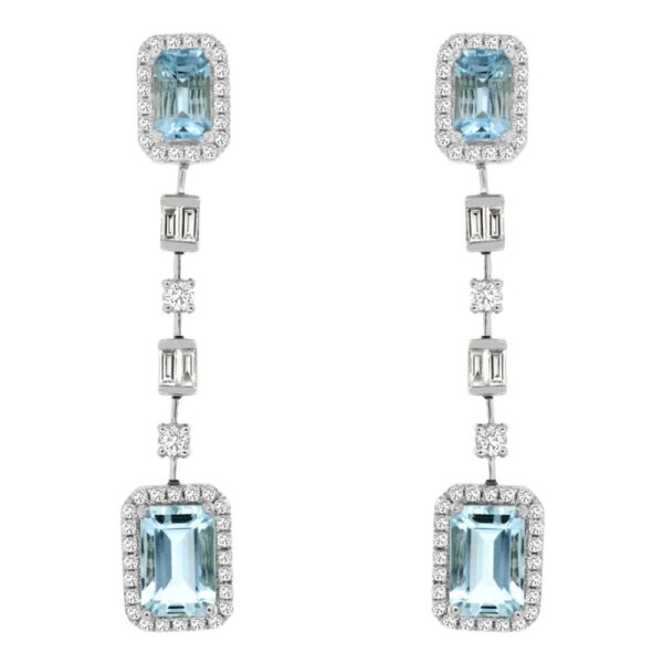 14K Gold Emerald-Cut Aquamarine Halo Diamond Fashion Earrings | Dallas TX