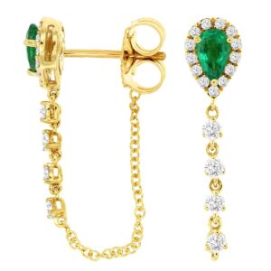 14K Yellow Gold Back to Front Green Emerald Halo Diamond Earrings - Dallas TX